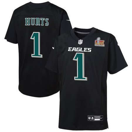 Youth Philadelphia Eagles #1 Jalen Hurts Carbon Black Super Bowl LIX Patch Fashion Game Player Jersey